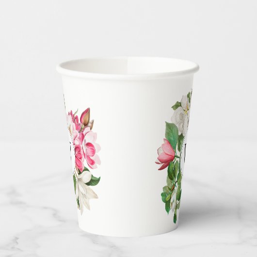 Monogram wit en roze Magnolia Flowers Papieren Bekers (Links)