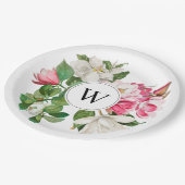 Monogram wit en roze Magnolia Flowers Papieren Bordje (Gekanteld)