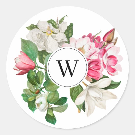 Monogram wit en roze Magnolia Flowers Ronde Sticker (Voorkant)