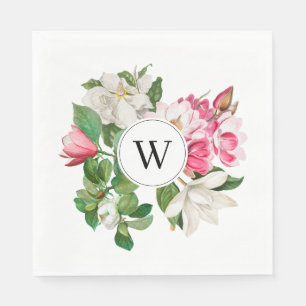 Monogram  wit en roze Magnolia Flowers Servet