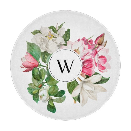 Monogram  wit en roze Magnolia Flowers Snijplank (Voorkant)