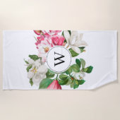 Monogram  wit en roze Magnolia Flowers Strandlaken (Voorkant)