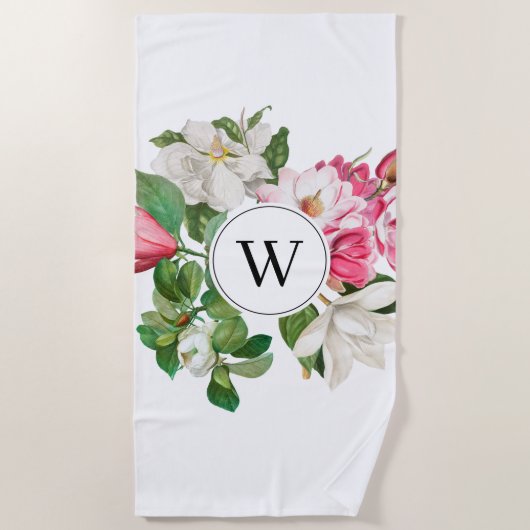 Monogram  wit en roze Magnolia Flowers Strandlaken (Voorkant)