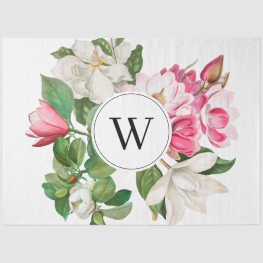 Monogram  wit en roze Magnolia Flowers Tissuepapier (Voorkant)
