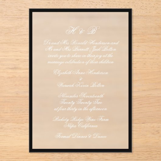 Monogram wit formeel zwart Lijst bruiloft Acryl Uitnodigingen (Voorkant)