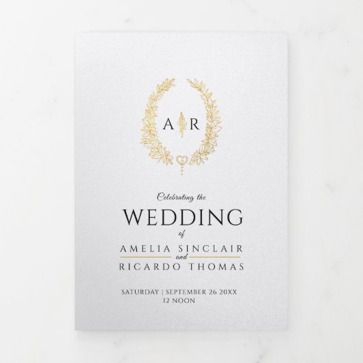 Monogram wit goud zwart bruiloft maaltijd RSVP kaa Drieluik Uitnodiging (Cover)