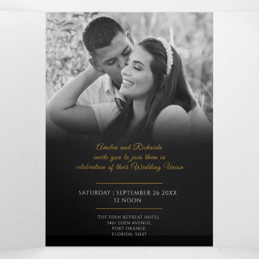 Monogram wit goud zwart bruiloft maaltijd RSVP kaa Drieluik Uitnodiging (Binnenkant midden)