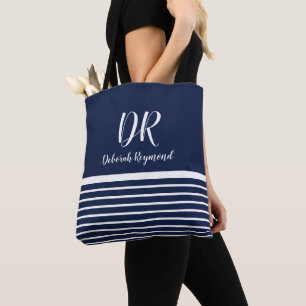 Monogram Wit Horizontale Strepen elegant blauw Draagtas