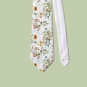 Monogram Wit Kleurrijk Bloemmotief op Herenknoopda Stropdas
