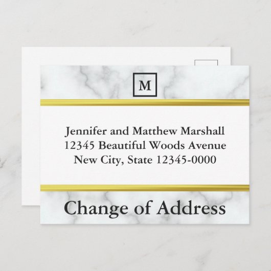 Monogram Wit Marmer Uiterlijk Adreswijziging Aankondigingskaart (Voorkant / Achterkant)