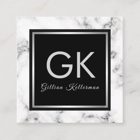 Monogram wit marmer zilver vierkante visitekaartje (Voorkant)