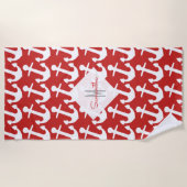 Monogram, Wit Nautisch Anker Patroon op Rood Strandlaken (Voorkant)
