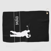Monogram Wit op Zwarte Silhouet Golfer Golfhanddoek (Horizontaal)