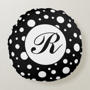 Monogram Wit op Zwarte Stippenprint Rond Kussen