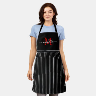 Monogram wit zwart Pinstripe rood Initiaal Schort