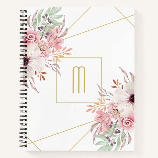 Monogram witgoud | Roze Bloemen Notitieboek (Voorkant)