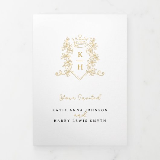 Monogram witgouden kroon bruiloft maaltijd optie R Drieluik Uitnodiging (Cover)