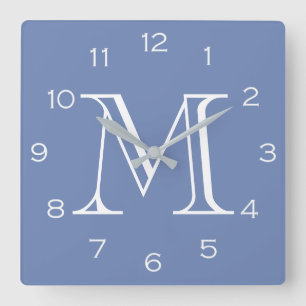Monogram witte aantallen op blauwe wcn vierkante klok