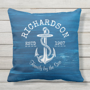 Monogram Witte Anker Blauw Gekleurd Hout Buitenkussen