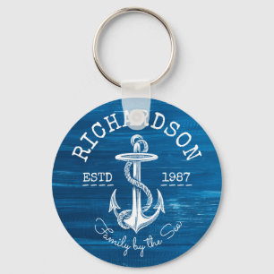 Monogram Witte Anker Blauw Gekleurd Hout Sleutelhanger