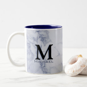 Monogram witte blauwe marmer tweekleurige koffiemok