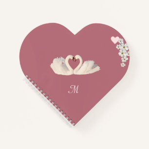 Monogram Witte Bloemen en Zwanen op Roze Goud Notitieboek