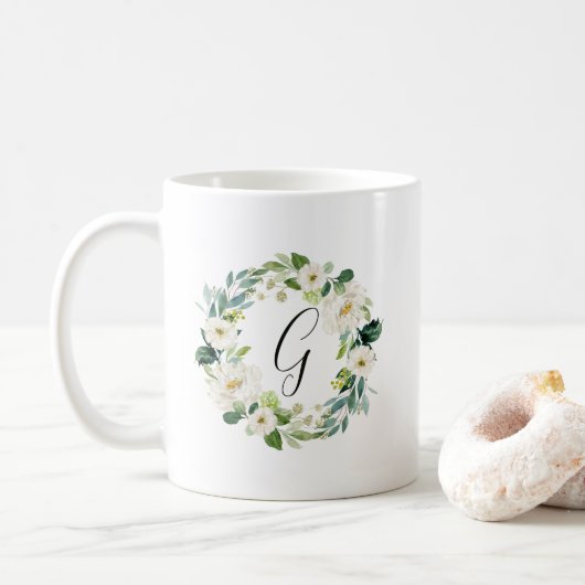 Monogram witte bloemkrans koffiemok (Met donut)