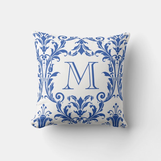 Monogram witte en blauwe Damask Floral Swirls Kussen (Voorkant)
