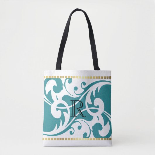 Monogram witte en Blauwgroen Vlaamse Goudgrens Tote Bag (Voorkant)