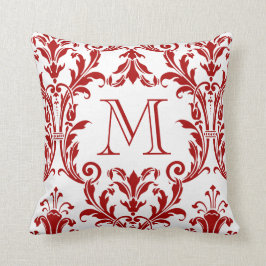 Monogram witte en rode Damask Floral Swirls Kussen