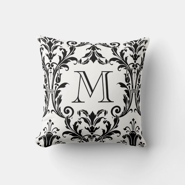 Monogram witte en zwarte Damask Floral Swirls Kussen (Voorkant)