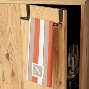 Monogram witte grijze Oranje strepen Theedoek