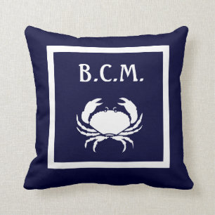 monogram & WITTE KRAB & Anker WIT op BLAUW Kussen