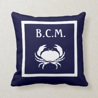monogram & WITTE KRAB & Anker WIT op BLAUW Kussen