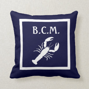 monogram & WITTE KREEFT & Anker WIT op BLAUW Kussen