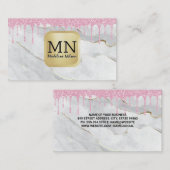 Monogram | Witte Marmer | Glitter Drip Roze Visitekaartje (Voorkant / Achterkant)