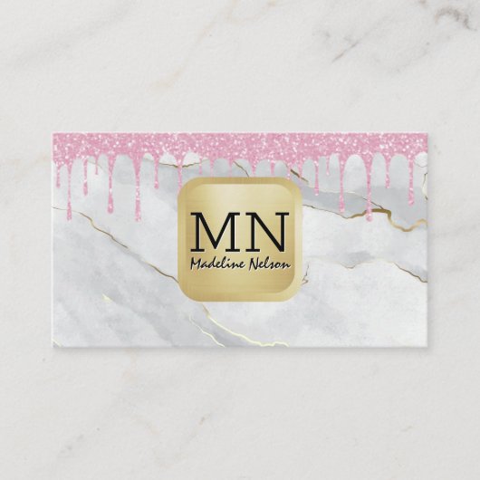Monogram | Witte Marmer | Glitter Drip Roze Visitekaartje (Voorkant)