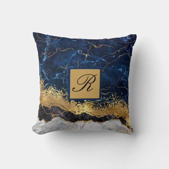 Monogram witte marmer marmer Blue Gold Agate Kussen (Voorkant)