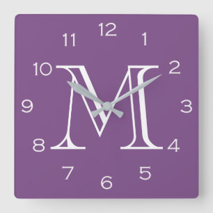 Monogram witte nummers op Paarse wandklok boog3 Vierkante Klok