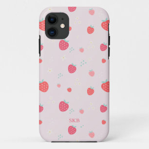 Monogram witte roze rode aardbei iPhone 11 hoesje