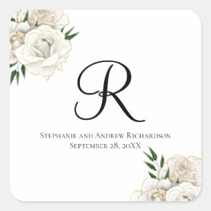 Monogram Witte Rozen Bloemrijke Elegante Trouw Vierkante Sticker