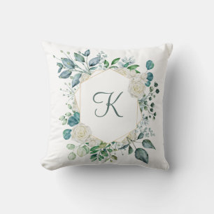 Monogram Witte Rozen Groene Takken Eucalyptus Bloe Kussen