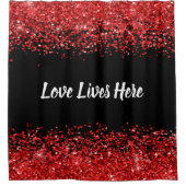 Monogram - Witte tekst op zwart met rode glitter | Douchegordijn (Voorkant)