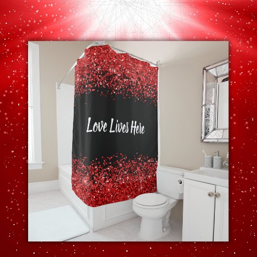Monogram - Witte tekst op zwart met rode glitter | Douchegordijn
