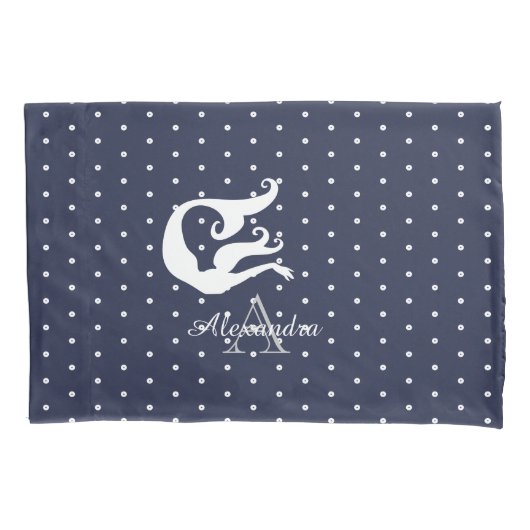 Monogram Witte zeemeermin op marineblauw Kussensloop (Voorkant)