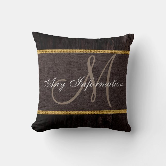 Monogram Wood Kijk Brown Burlap Rustic Kussen (Voorkant)