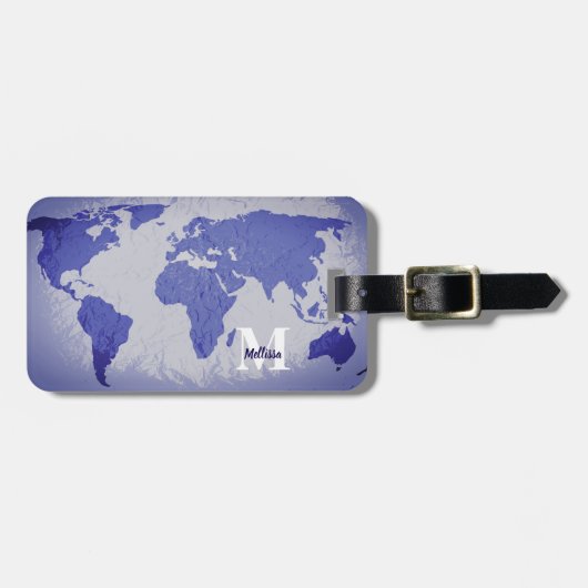 Monogram World Map Blue Artsy Name Gift Favor Bagagelabel (Voorkant horizontaal)