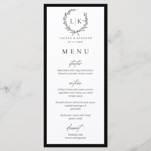 Monogram Wreath Black | White Wedding Menu Card (Voorkant)