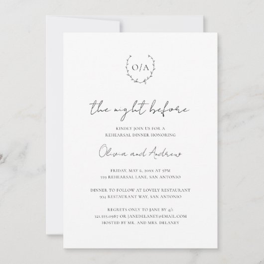 Monogram Wreath Crest Elegant Rehearsal Dinner Kaart (Voorkant)