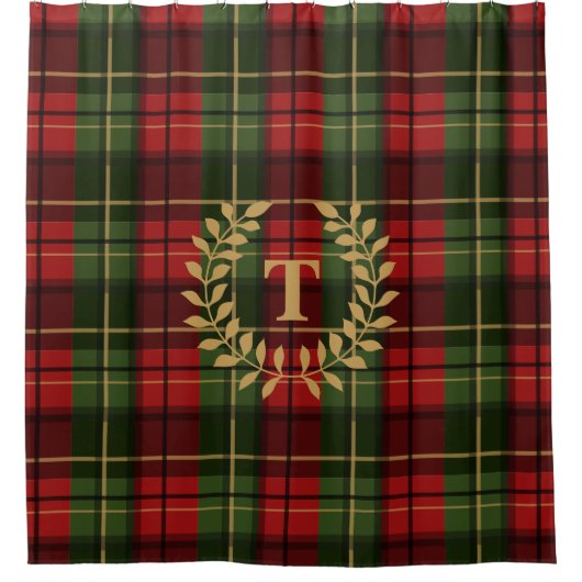 Monogram Wreath On Red And Green Festive Plaid Douchegordijn (Voorkant)